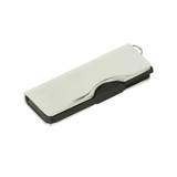 A sleek silver alloy swivel flash drive with a black accent and a keyring attachment.