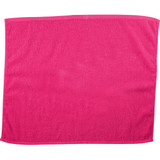 A pink gym towel with a soft texture, featuring a logo on one side. Ideal for leisure and outdoor activities.