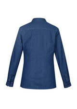 A women's long sleeve button-up shirt in a dark blue denim finish, featuring a collar and buttoned cuffs.