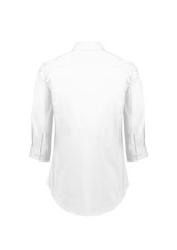 A white women's button-up shirt with 3/4 sleeves and a curved hem, featuring a logo on the back.