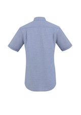 A short-sleeve button-up shirt in blue with a subtle pattern, featuring a logo on the back.