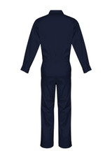 A navy lightweight cotton drill overall featuring long sleeves and a full back design, suitable for uniforms.