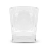 A glass tumbler with a clear, straight-edged design and a sturdy base. It features a logo on the side.