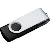 A silver and black USB flash drive with a swivel design, featuring a logo on its surface.
