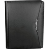 A black imitation leather A4 zippered compendium featuring a sleek design and a branding logo.