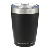 A drink tumbler in matte black with a stainless steel lid, featuring a logo on the front.