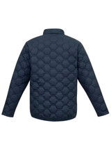 A dark navy unisex hexagonal puffer jacket, featuring a quilted hexagonal pattern on the back and long sleeves.