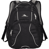A black High Sierra Swerve 17" backpack featuring multiple compartments and a logo. Mesh details enhance its design.