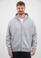 A grey zip-up hoodie with a front pocket and a hood, worn by a male model.