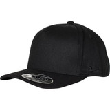 A black 110A FLEXFIT® 110 cap featuring a curved brim and a logo on the side.