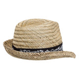 A straw fedora in natural tones with a black band featuring a decorative pattern.