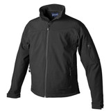 A black softshell jacket with a high collar and zippered pockets, featuring a logo on the left side.