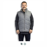 A grey puffer vest featuring a zip-up front and high collar, worn by a man standing against a white background.