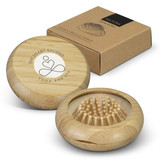A bamboo brush and mirror set, featuring a round bamboo holder with fine bristles, presented in a matching box.