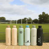 A drink bottle collection featuring various colours including beige, green, light blue, and black, with visible logos.