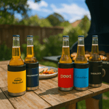 A collection of stubby coolers in yellow, navy, red, and black, holding beer bottles on a wooden table outdoors.