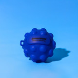 A blue stress ball with a textured surface and a small handle, featuring a logo on one side.