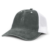 A faded green trucker cap with a white mesh back and a curved brim, featuring a logo. A faded green trucker cap with a white mesh back and a curved brim, featuring a logo.