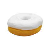 A yellow and white stress donut, featuring a frosted top and a round shape, with a smooth surface. It has a simple design.