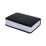 A black stress book with a textured cover, featuring white pages. It has a simple design and a logo on the front.