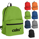 A green backpack with a front zip pocket, available in various colours including orange, blue, grey, and black.