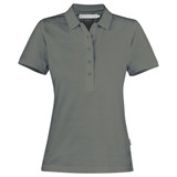 A women's polo shirt in a dark grey shade featuring a collar and a placket with buttons. It has a logo.