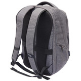A grey backpack with padded straps and mesh panels, featuring a zippered side pocket and a logo.