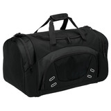 A black duffle bag with multiple zippered compartments and a logo. Features sturdy handles for carrying.