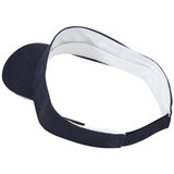 A navy blue visor with a white interior and a curved brim, featuring a logo on the side.