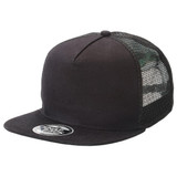 A black trucker cap with a flat peak and mesh back, featuring a logo on the front.