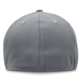 A grey cap with a smooth fabric finish and a rounded back, featuring stitching details and a logo.