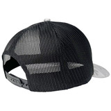 A trucker cap featuring a black mesh back and a grey front panel. It has an adjustable strap.