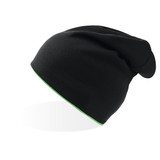 A black beanie with a green trim, featuring a logo on the side.