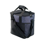 A large cooler bag in black and navy, featuring shoulder straps and zippered compartments. It has a logo on the front.