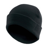 A vintage knit beanie in black with a ribbed texture. It features a logo on the exterior.