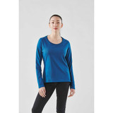 A long-sleeve tee in vibrant blue worn by a model, featuring a simple design and a crew neckline.