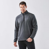 A dark grey men's fleece jumper featuring a quarter zip and a logo on the front.