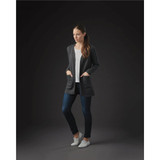 A model wearing a charcoal grey women's Chelsea open cardigan over a light top and dark jeans, featuring pockets.