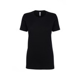 A black women's boyfriend tee with short sleeves and a round neckline, featuring a logo on the label.