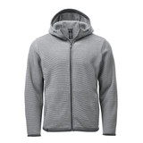 A grey fleece hoody with a zip-up front, long sleeves, and a hood. It features a logo on the front.