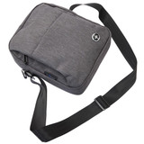 A grey shoulder bag with a shoulder strap and a logo, featuring a zippered compartment.