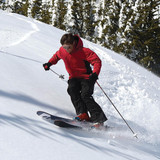 A skier wearing a red jacket and black pants navigates through snow-covered terrain with ski poles.
