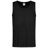 A black men's classic tank top with a round neckline and a logo label on the interior.