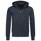 A men's active sweatjacket in dark grey with a zip front and hood, featuring a logo on the chest.