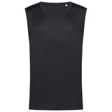 A black sleeveless active shirt with a smooth texture and no visible logos.