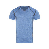 A blue men's recycled sports T-shirt with a fitted design and contrasting black seams. It features a logo.