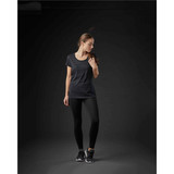 A fitted black and grey striped crew neck tee worn with black leggings, featuring a branding logo.