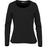 A black long-sleeve women's t-shirt with a scoop neckline and fitted style. It has a logo on the label.