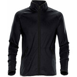 A black fleece jacket featuring a high neck, zip front, and two zippered pockets, with a logo on the side.