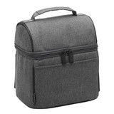 A grey insulated lunch cooler bag with a zip closure and front pocket, featuring a sturdy handle and branding.